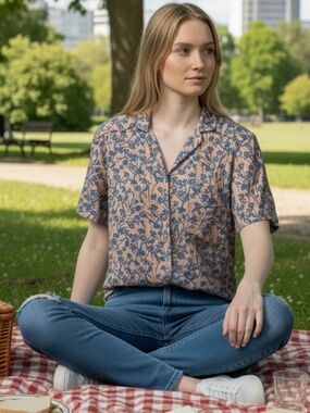 Cooperative Peach & Blue Floral Button Down Embroidery Detailed Blouse Medium